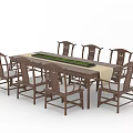 Traditional Chinese Solid Wood Tea Table and Chairs with White Tablecloth and Green Center Decoration