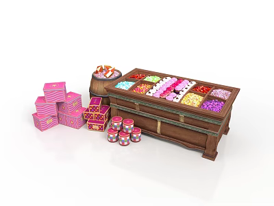 Wooden Table With Divided Compartments Holding Colorful Candies Pink Boxes Small Jars And Wooden Barrel 3d model