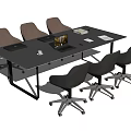 Modern Black Conference Table With Six Gray Chairs Laptop Documents And Coffee Cup
