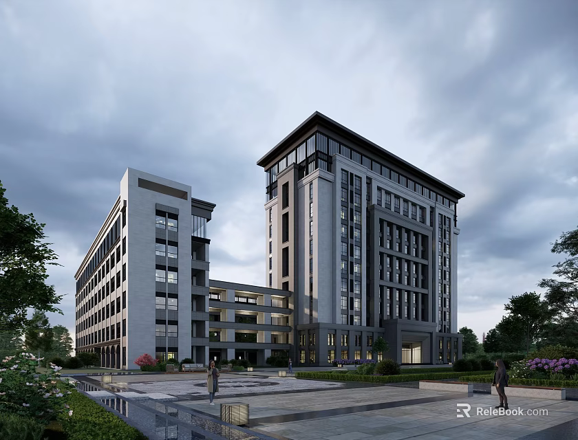 Modern High rise Office Building With Glass Curtain Wall And Plaza Landscaping 3d model 