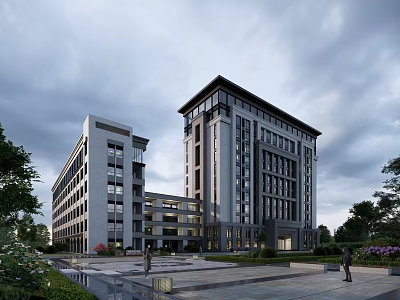 Modern High rise Office Building With Glass Curtain Wall And Plaza Landscaping 3d model