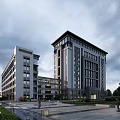 Modern High rise Office Building With Glass Curtain Wall And Plaza Landscaping