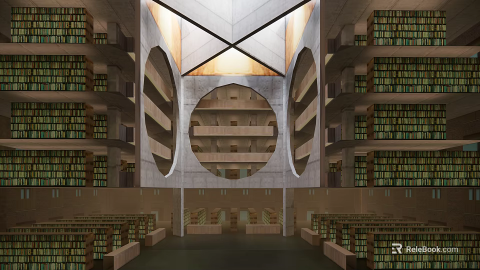 Stunning Library Building Interior With Geometric Ceiling Design Multi Level Bookshelves And Spacious Seating Areas 3d model 
