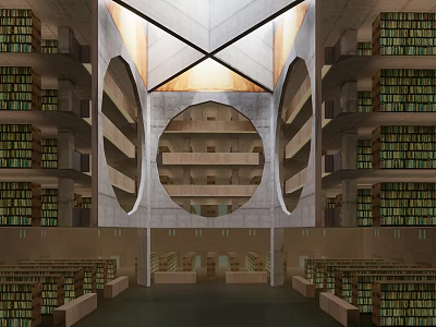 Stunning Library Building Interior With Geometric Ceiling Design Multi Level Bookshelves And Spacious Seating Areas 3d model
