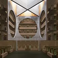 Stunning Library Building Interior With Geometric Ceiling Design Multi Level Bookshelves And Spacious Seating Areas