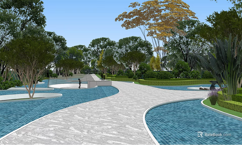 Tranquil Garden Landscape With Winding Pathway Blue Water Pools Small Bridge And Lush Trees 3d model 