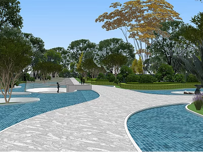Tranquil Garden Landscape With Winding Pathway Blue Water Pools Small Bridge And Lush Trees 3d model