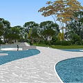 Tranquil Garden Landscape With Winding Pathway Blue Water Pools Small Bridge And Lush Trees