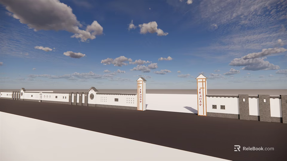 Scenic Wall with White Structure Red Inscriptions and Pillars Under Blue Sky 3d model