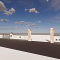 Scenic Wall with White Structure Red Inscriptions and Pillars Under Blue Sky 3d model