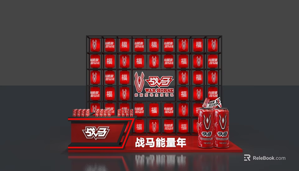 War Horse Energy Drink Display Featuring Red Cans On Shelf And Counter 3d model 