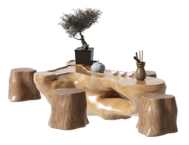 New Chinese root carving tea sea root carving tea table and chair 3d model