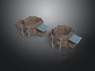 Two Traditional Octagonal Wooden Buildings With Blue Awnings And Pillars 3d model