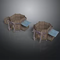 Two Traditional Octagonal Wooden Buildings With Blue Awnings And Pillars