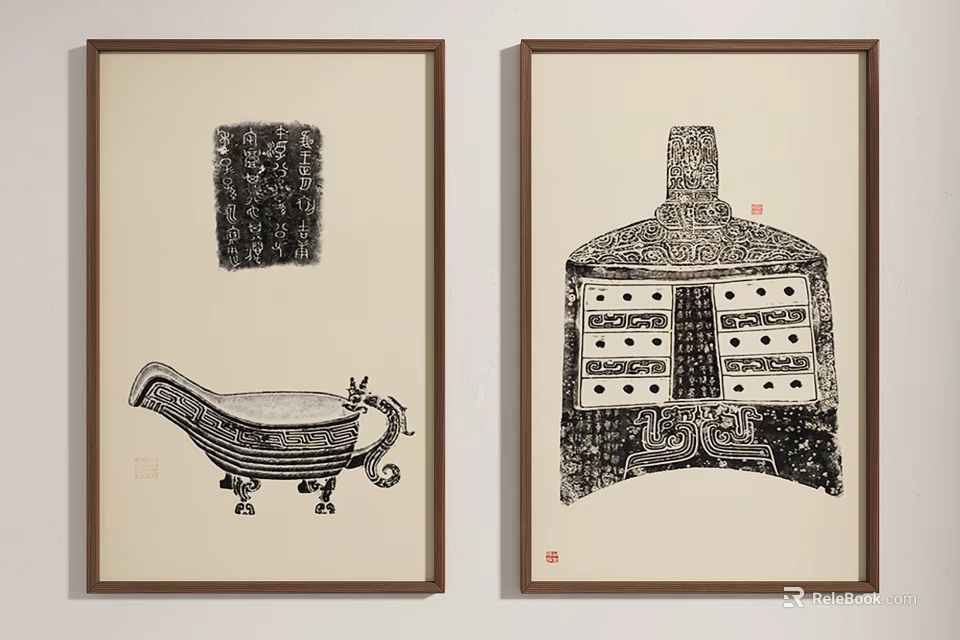 Traditional Chinese Art Paintings With Ancient Vessel And Seal Patterns In Frames 3d model