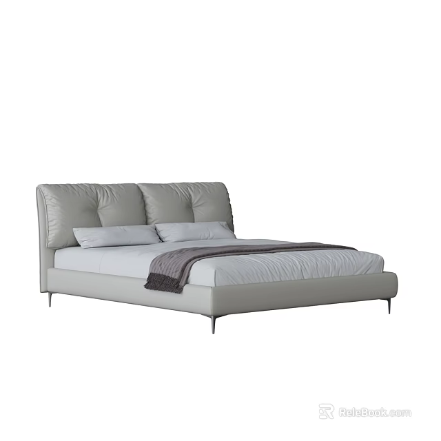 Sleek Modern Double Bed With Upholstered Leather Headboard Pillows And Throw Blanket 3d model