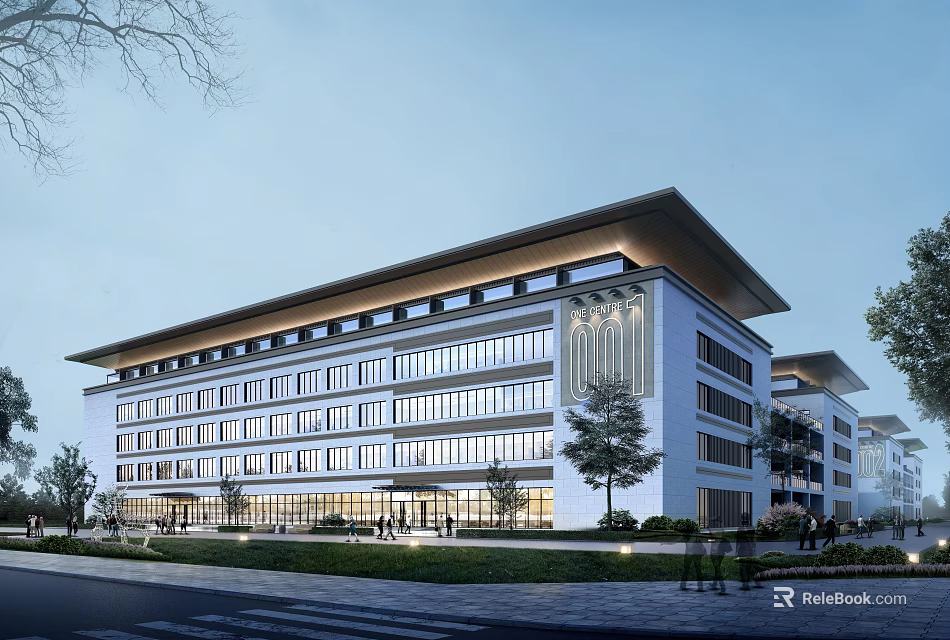 Modern Multi story Industrial Factory Building With White Facade And Large Glass Windows 3d model 