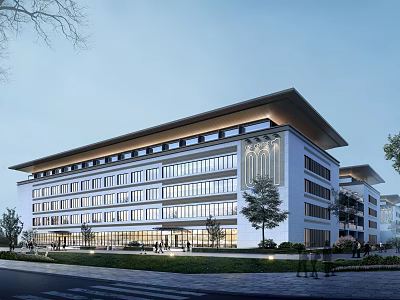 Modern Multi story Industrial Factory Building With White Facade And Large Glass Windows 3d model