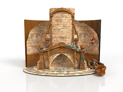 Traditional Brick Fireplace Scene With Ornate Wooden Decor Arched Design And Firewood 3d model