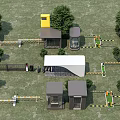 Outdoor Facility Layout With Small Buildings Yellow Structure Trees And Barriers 3d model
