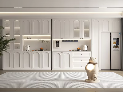 Modern White Wine Cabinet With Glass Display Doors And Lighting In Kitchen Interior 3d model