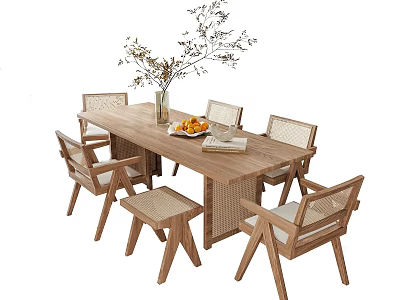 Natural Wooden Dining Table And Rattan Chairs Set With Vase Fresh Fruit Decorative Items 3d model