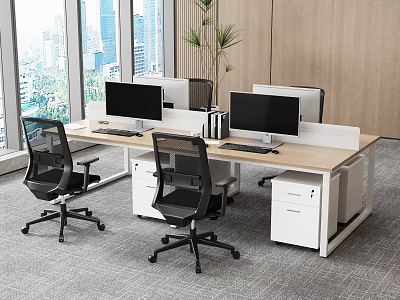 Modern Office Desk With Monitors Ergonomic Chairs Filing Cabinets Large Windows City View Potted Plant 3d model