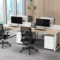 Modern Office Desk With Monitors Ergonomic Chairs Filing Cabinets Large Windows City View Potted Plant