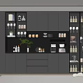 Modern Gray Wine Cabinet With Glass Doors Wine Glasses Coffee Machine And Green Plant