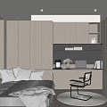 Modern Tatami Bedroom Bed Wardrobe Table Lamp Curtain Carpet Pillow 3d model