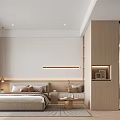 Modern Minimalist Bedroom Interior With Wooden Cabinets TV Wall And Desk Chair