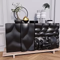 Black Wavy Textured Entryway Cabinet Sideboard With Decorative Plants Gold Ornaments And White Wall