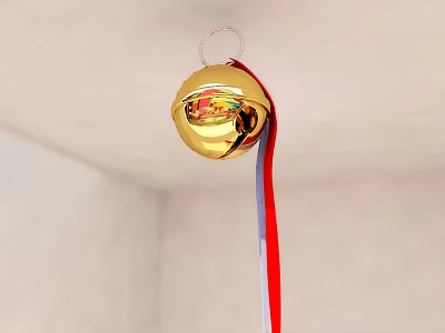 Golden Shiny Hanging Ornament With Red And Blue Ribbon On Ceiling 3d model