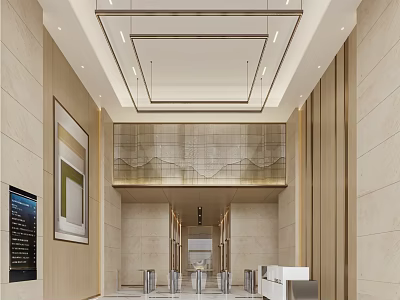 Modern Lobby Front Desk Reception With Marble Walls Ceiling Lights Access Control And Art Painting 3d model