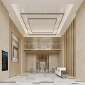 Modern Lobby Front Desk Reception With Marble Walls Ceiling Lights Access Control And Art Painting
