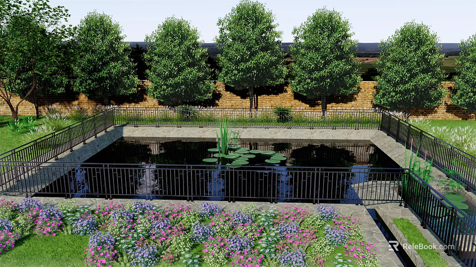Tranquil Water Fountain Pond With Water Lilies Trees Flowers And Black Railing 3d model 