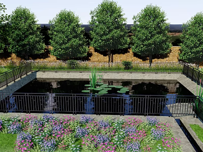 Tranquil Water Fountain Pond With Water Lilies Trees Flowers And Black Railing 3d model