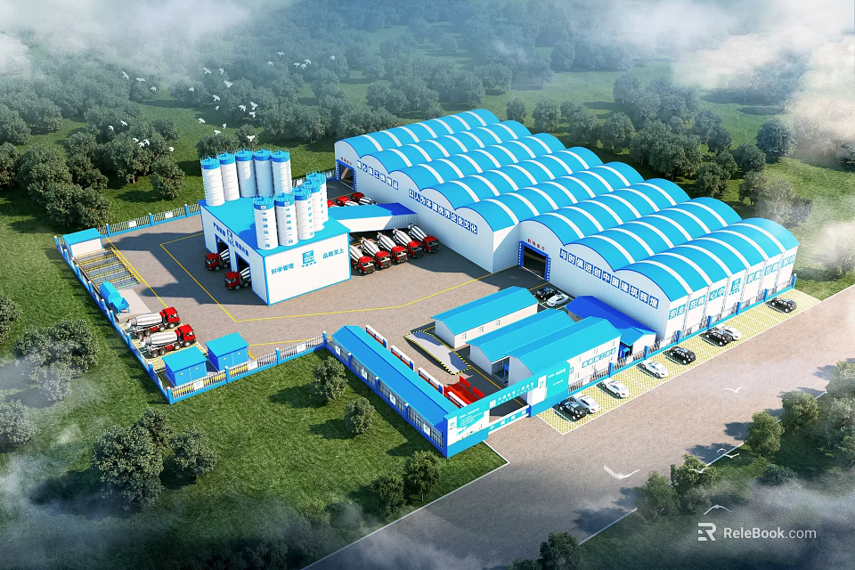 Industrial Factory With Blue White Roof Silos Trucks Facilities And Green Surroundings 3d model 