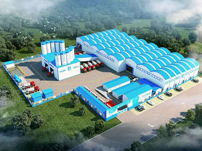 Industrial Factory With Blue White Roof Silos Trucks Facilities And Green Surroundings 3d model