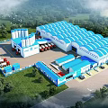 Industrial Factory With Blue White Roof Silos Trucks Facilities And Green Surroundings
