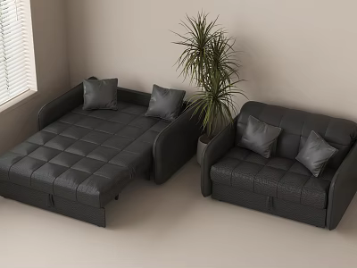 Black Two-Seater Sofa Convertible Sofa Bed Design With Potted Plant Light Wall And Window Blinds 3d model