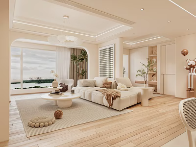 Modern Living And Dining Room Interior With Beige Sofa Large Windows Sea View Wooden Flooring 3d model