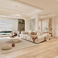 Modern Living And Dining Room Interior With Beige Sofa Large Windows Sea View Wooden Flooring