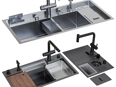 Modern Stainless Steel Kitchen Sink With Double Bowl Faucet Cutting Board And Drain Board 3d model