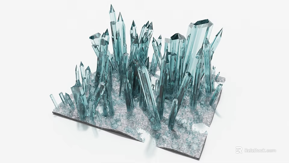 Art Installation with Blue Transparent Crystal Structures Standing on White Granular Platform 3d model 
