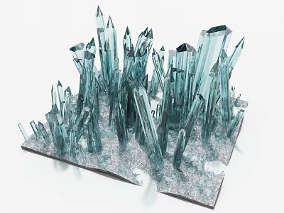 Art Installation with Blue Transparent Crystal Structures Standing on White Granular Platform 3d model
