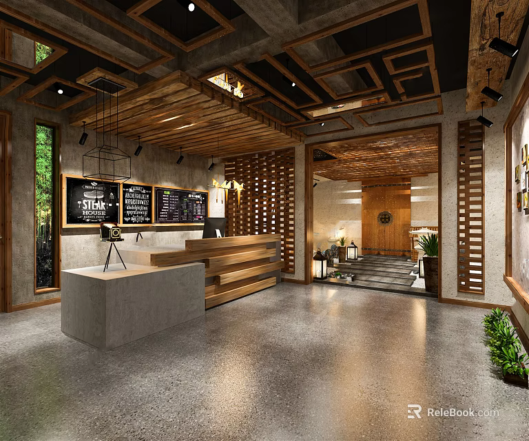 Rustic Modern Hotel Lobby Interior With Wooden Ceiling Reception Desk And Lighting 3d model