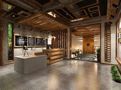 Rustic Modern Hotel Lobby Interior With Wooden Ceiling Reception Desk And Lighting 3d model