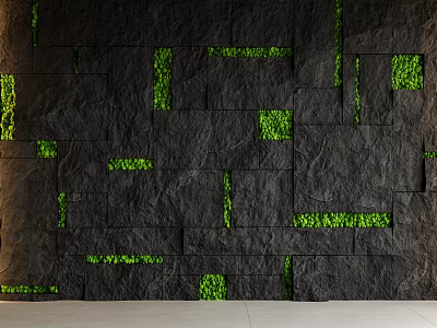 Black Slate Tiled Feature Wall With Green Irregular Squares And Glowing Strips 3d model