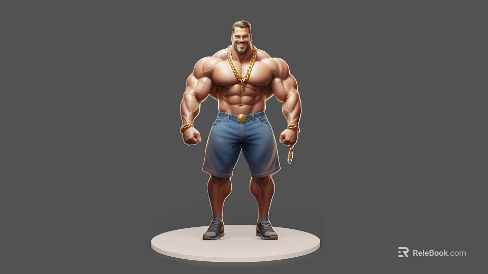 Muscular Game Movie Character With Gold Chain Blue Shorts And Sneakers 3d model 